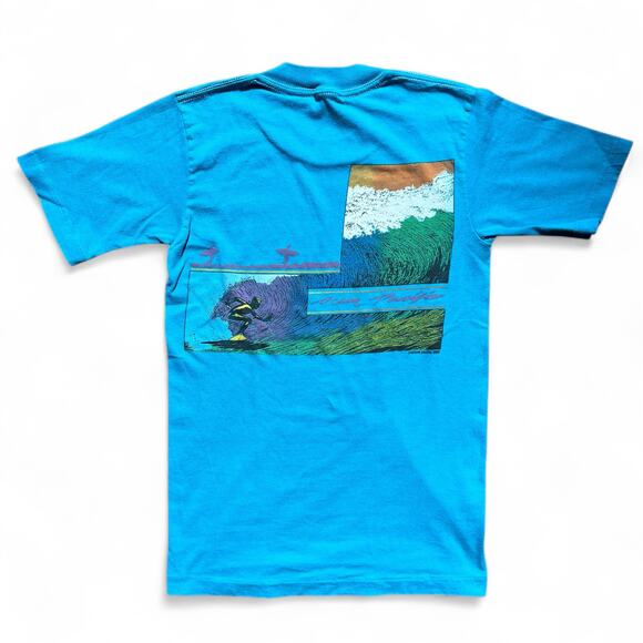 Vintage 80s OP Ocean Pacific Surfing T Shirt Blue Green Single Stitch Baby Tee - Picture 1 of 9